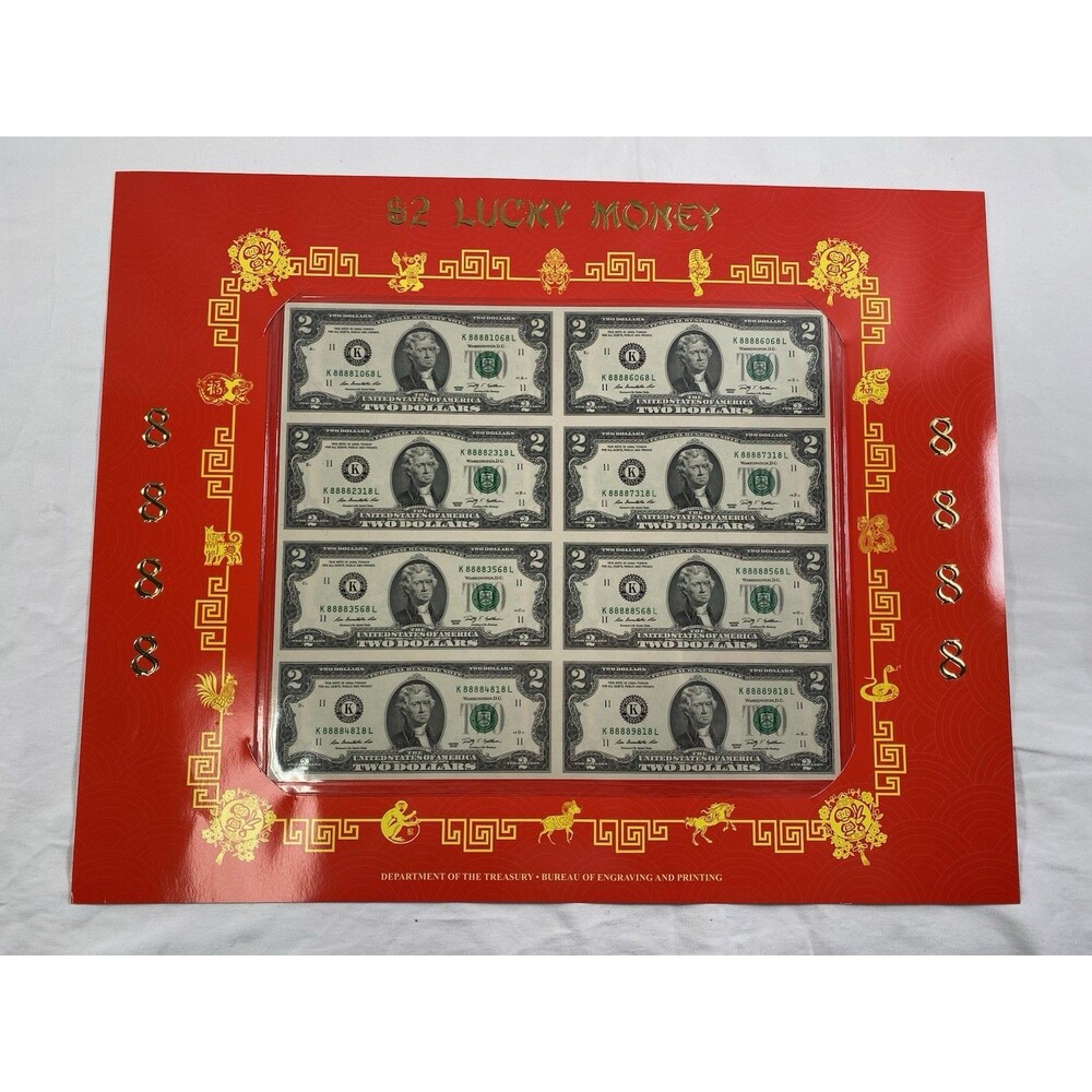 $2 8888 Lucky Money Sheet 8 Uncut Notes 2009 Series K8888xxxxL